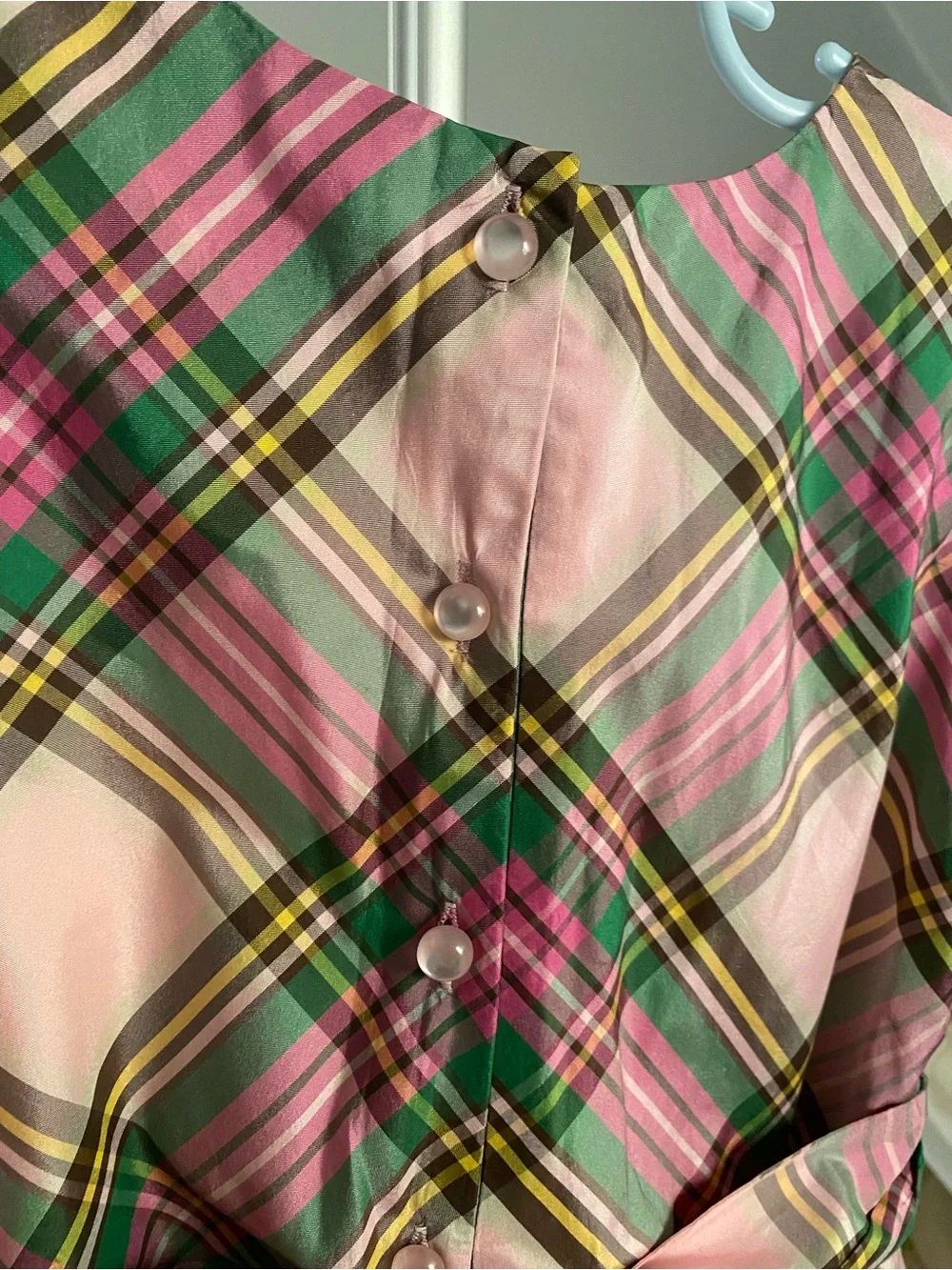 Lands’ End Girls 6X 100% Silk Pink Plaid Puff Sleeve Party Dress EUC